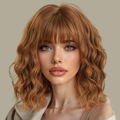 Wine Red Curly Bob Wig with Bangs - Synthetic Heat Resistant 