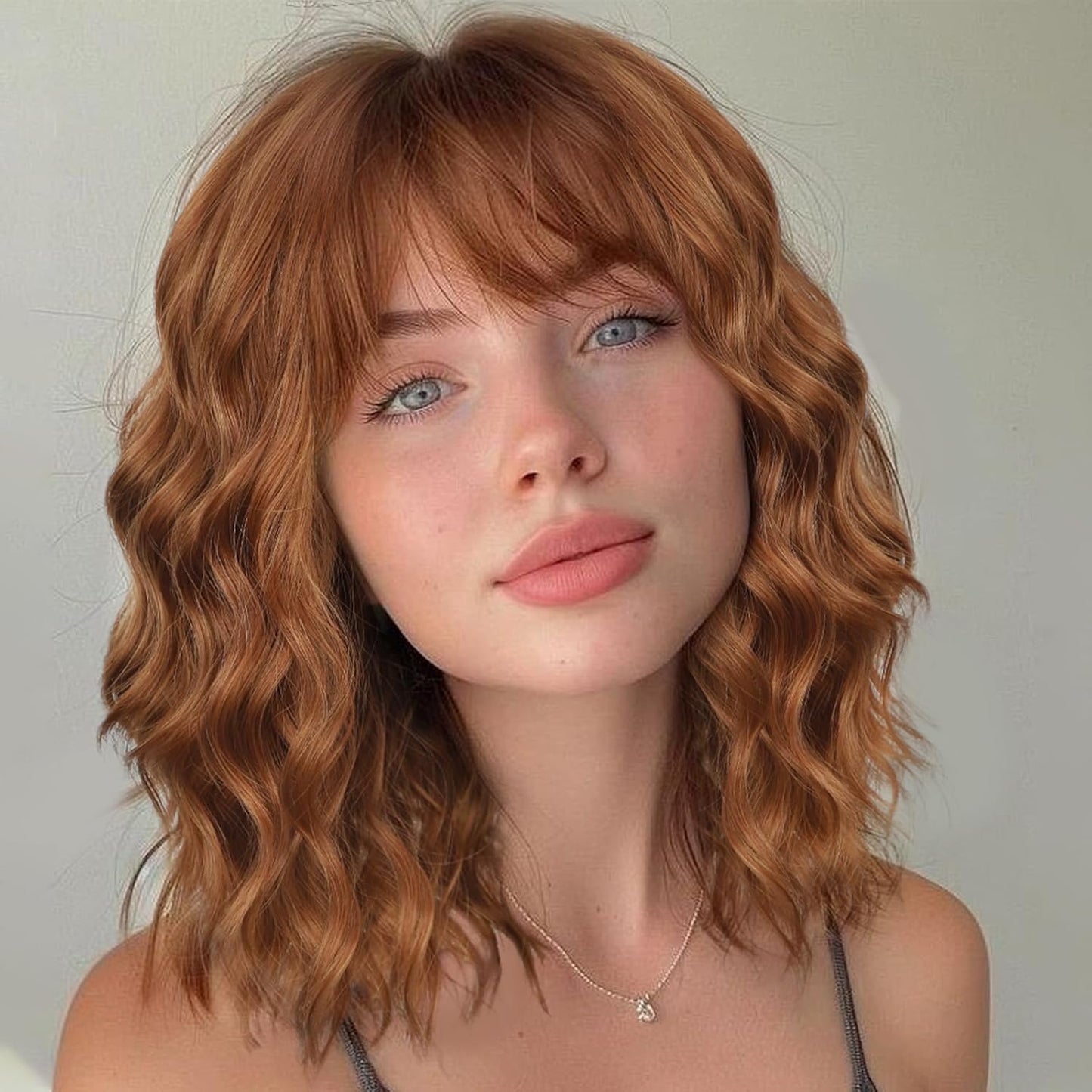 14" Blonde Wig with Bangs Short Wavy Curly Ombre Wig with Dark Roots-Synthetic Heat Resistant 