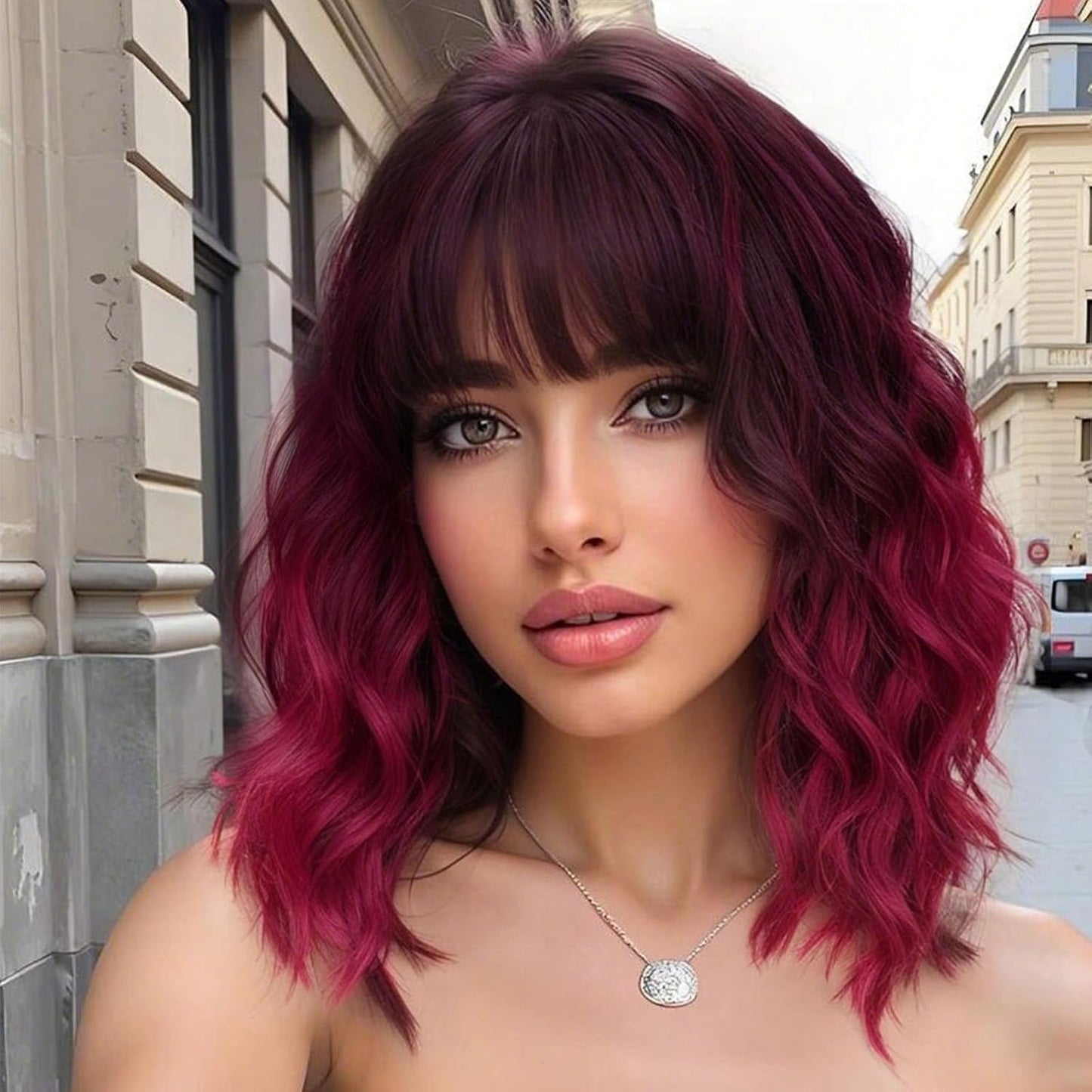 Wine Red Curly Bob Wig with Bangs - Synthetic Heat Resistant 