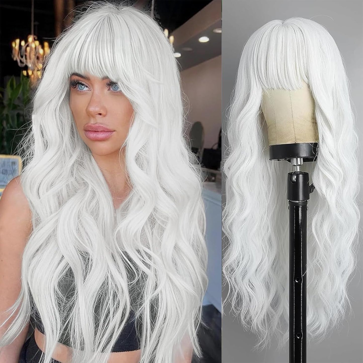 26"Blonde Wig with Bangs Long Wavy Curly Ombre Wig with Dark Root Synthetic Heat Resistant Wigs 