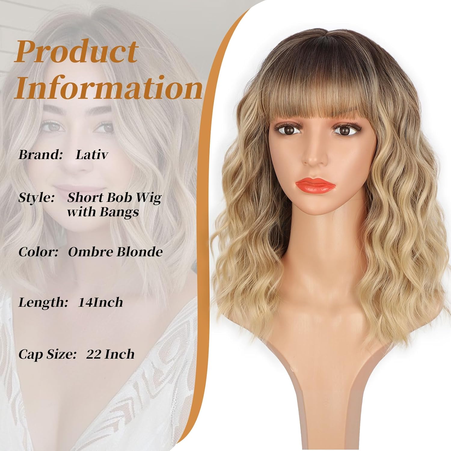 14" Blonde Wig with Bangs Short Wavy Curly Ombre Wig with Dark Roots-Synthetic Heat Resistant 