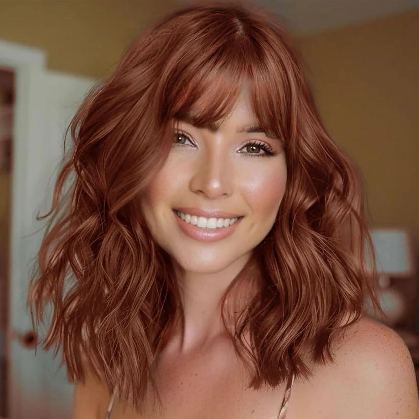 Wine Red Curly Bob Wig with Bangs - Synthetic Heat Resistant 