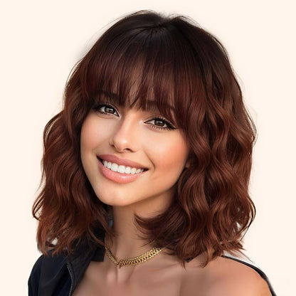Wine Red Curly Bob Wig with Bangs - Synthetic Heat Resistant 