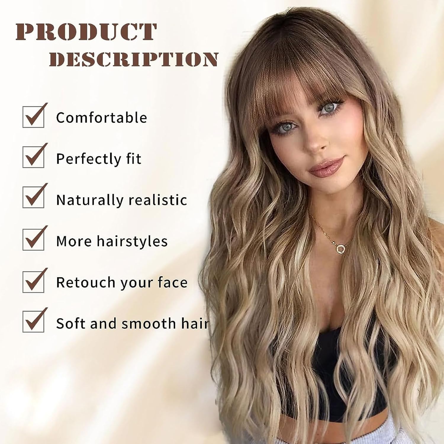26"Blonde Wig with Bangs Long Wavy Curly Ombre Wig with Dark Root Synthetic Heat Resistant Wigs 