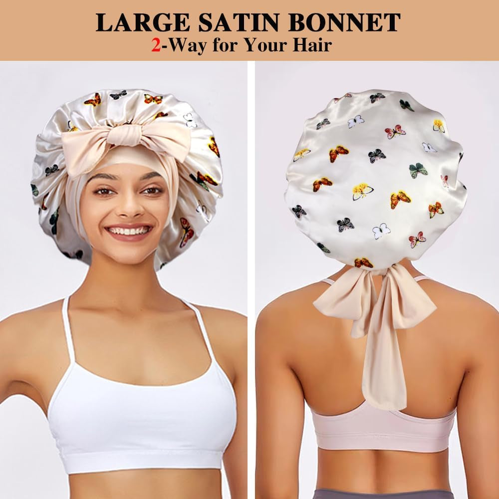 Set of 2 Large Satin Bonnets with Scrunchies for Women - Sleep Bonnet for Braids and Curly Hair