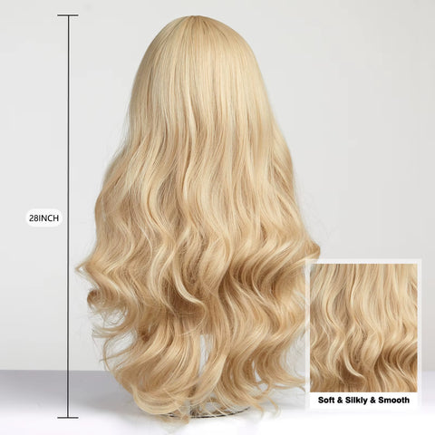Long Wavy Light Ash Blonde Wig with Bangs – Heat-Resistant Synthetic Hair