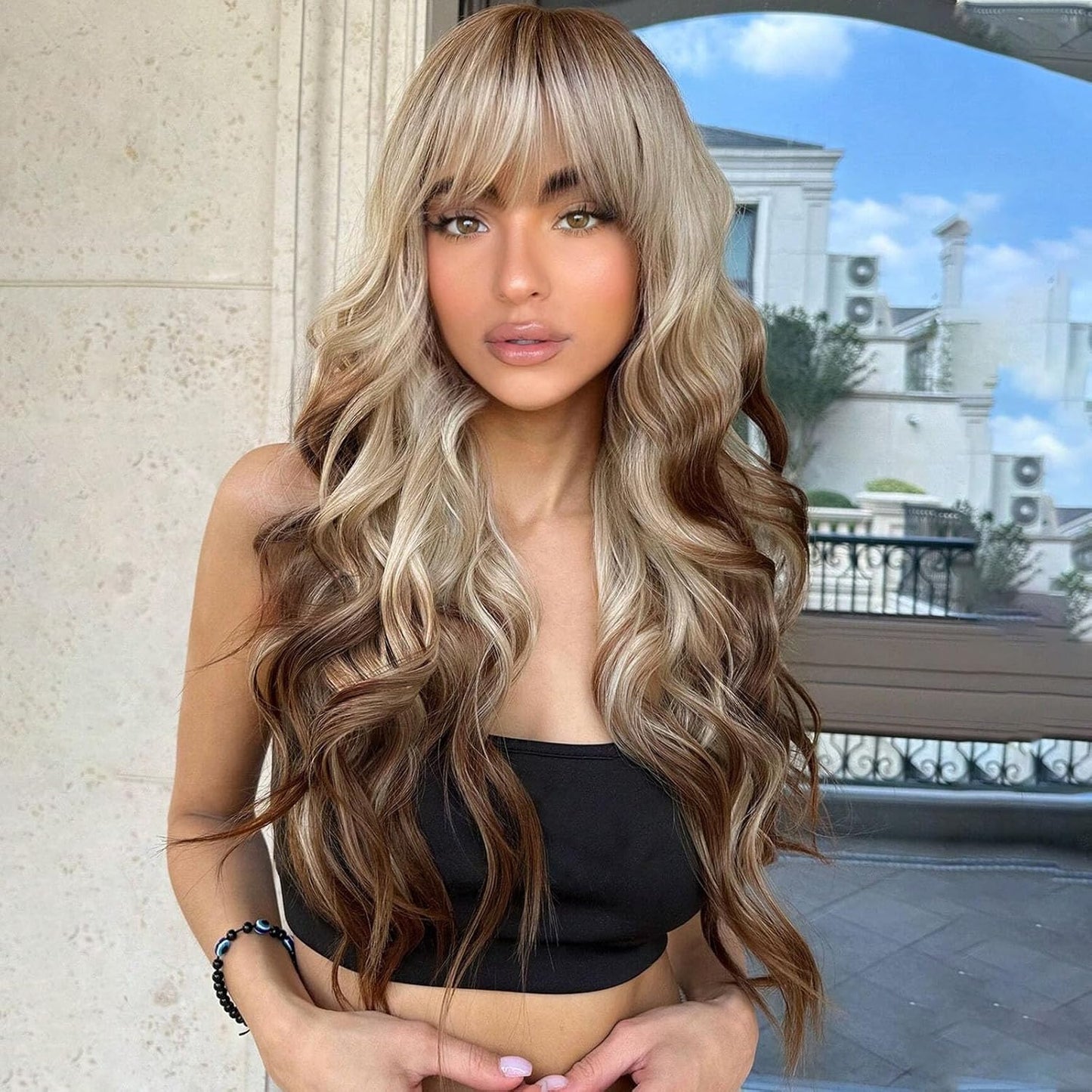 26"Blonde Wig with Bangs Long Wavy Curly Ombre Wig with Dark Root Synthetic Heat Resistant Wigs 