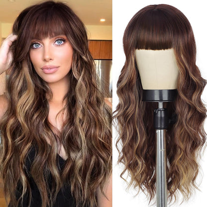 26"Blonde Wig with Bangs Long Wavy Curly Ombre Wig with Dark Root Synthetic Heat Resistant Wigs 
