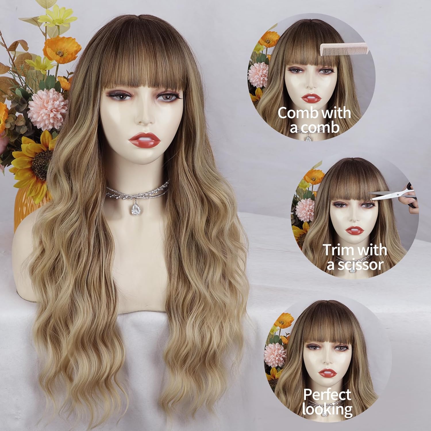 26"Blonde Wig with Bangs Long Wavy Curly Ombre Wig with Dark Root Synthetic Heat Resistant Wigs 