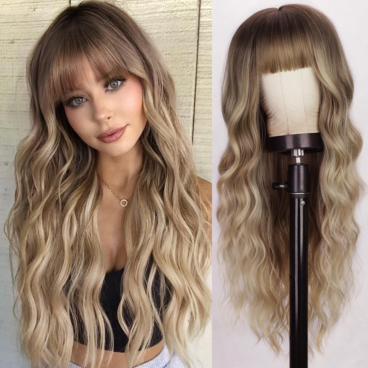 26"Blonde Wig with Bangs Long Wavy Curly Ombre Wig with Dark Root Synthetic Heat Resistant Wigs 