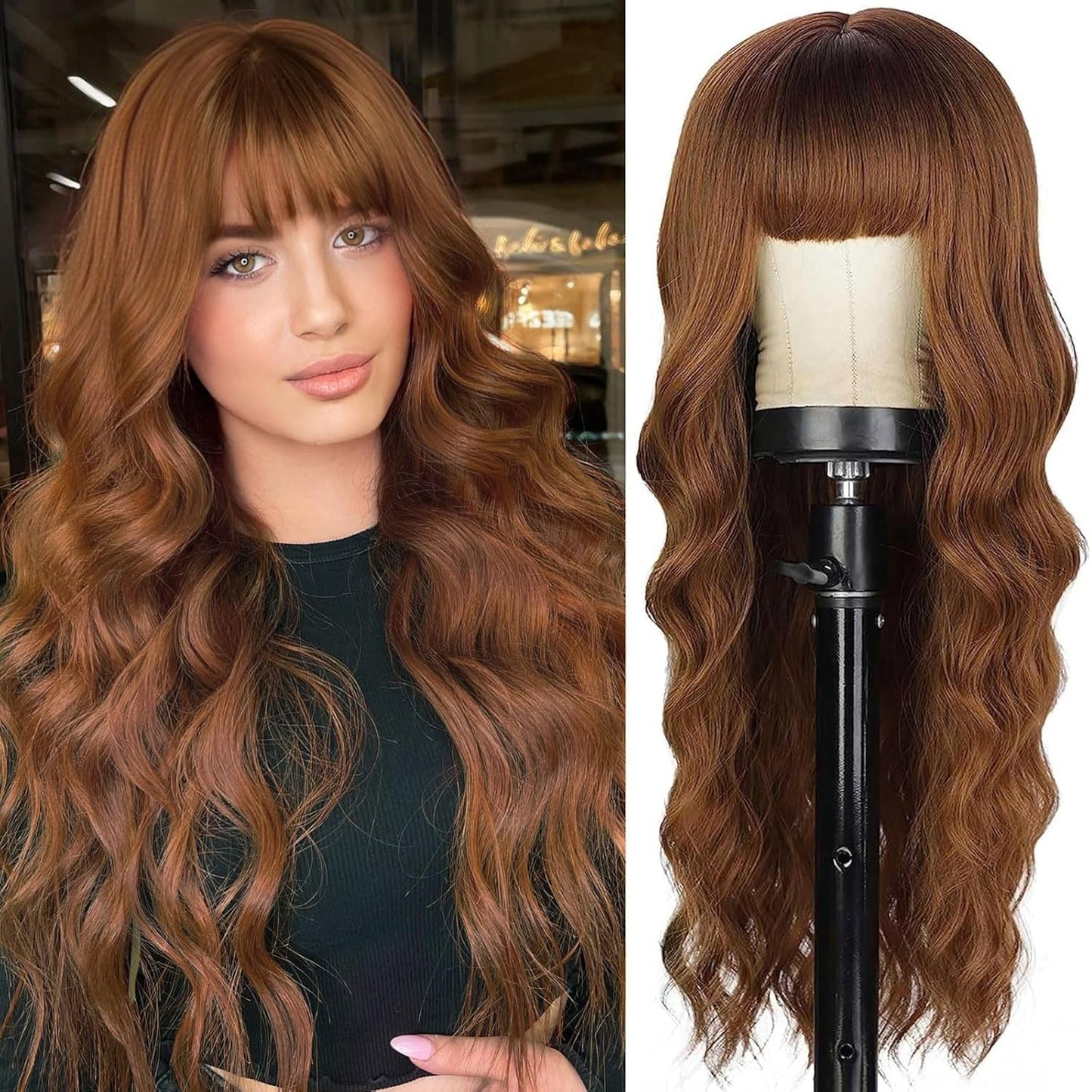 26"Blonde Wig with Bangs Long Wavy Curly Ombre Wig with Dark Root Synthetic Heat Resistant Wigs 