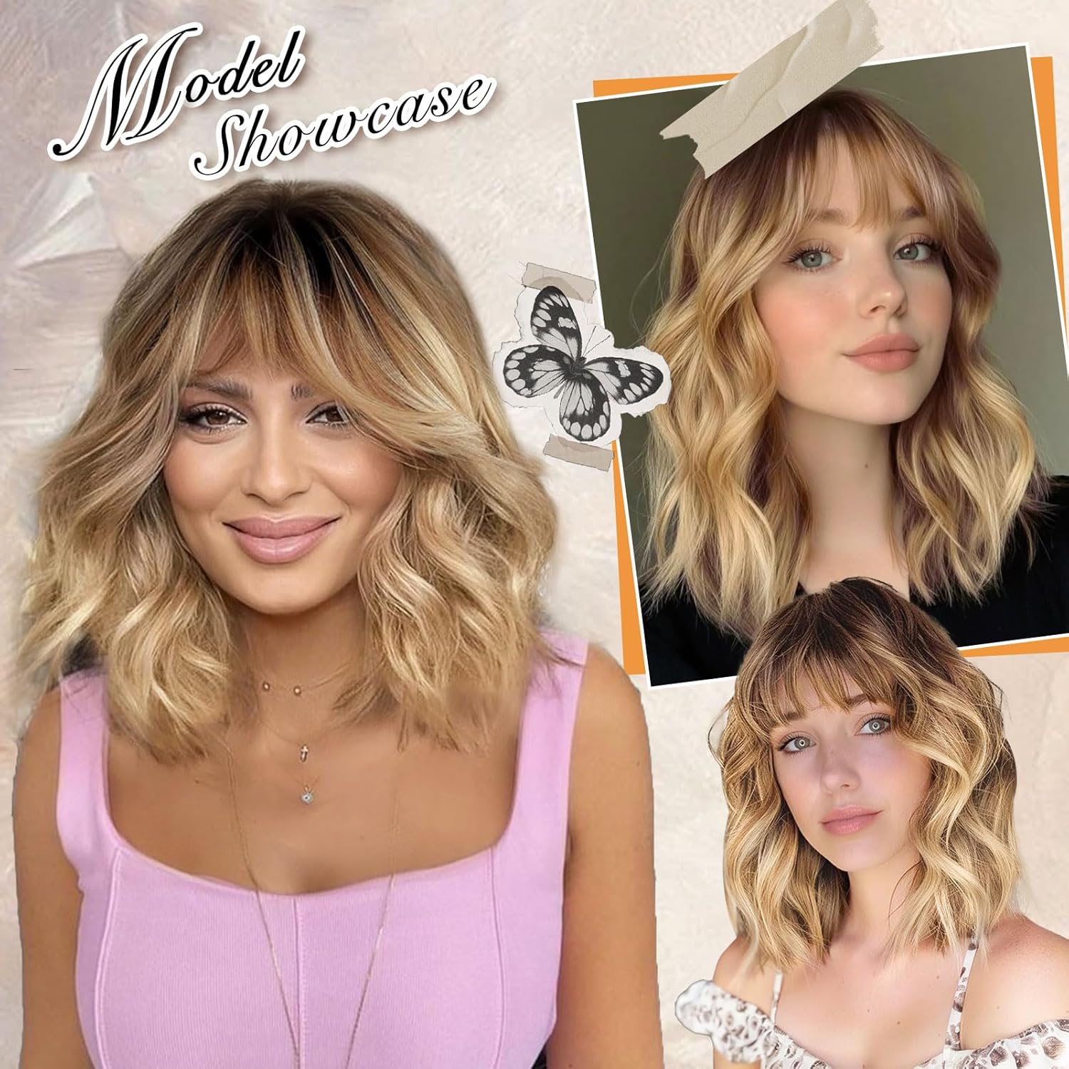 14" Blonde Wig with Bangs Short Wavy Curly Ombre Wig with Dark Roots-Synthetic Heat Resistant 