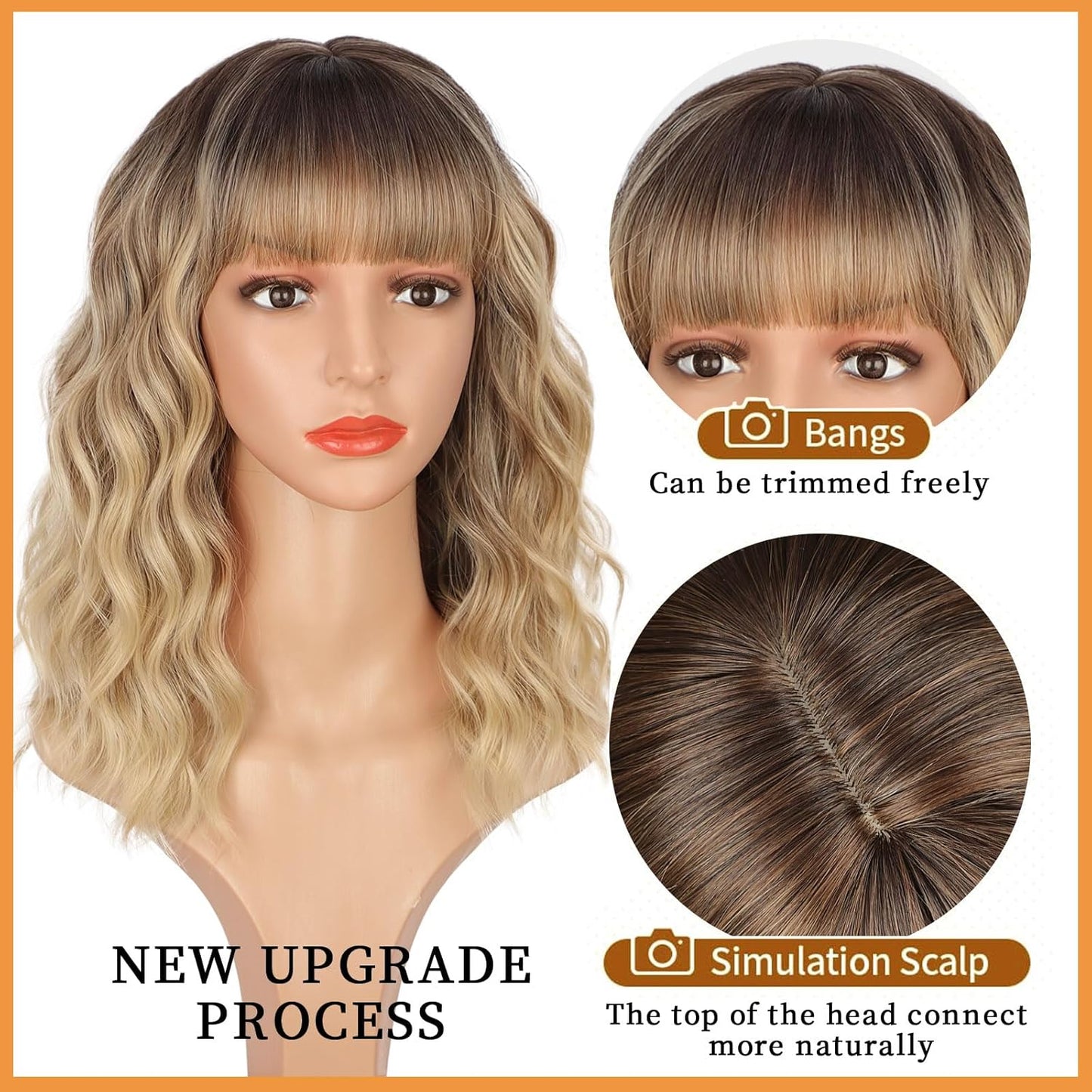 14" Blonde Wig with Bangs Short Wavy Curly Ombre Wig with Dark Roots-Synthetic Heat Resistant 
