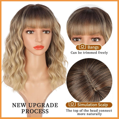 14" Blonde Wig with Bangs Short Wavy Curly Ombre Wig with Dark Roots-Synthetic Heat Resistant 
