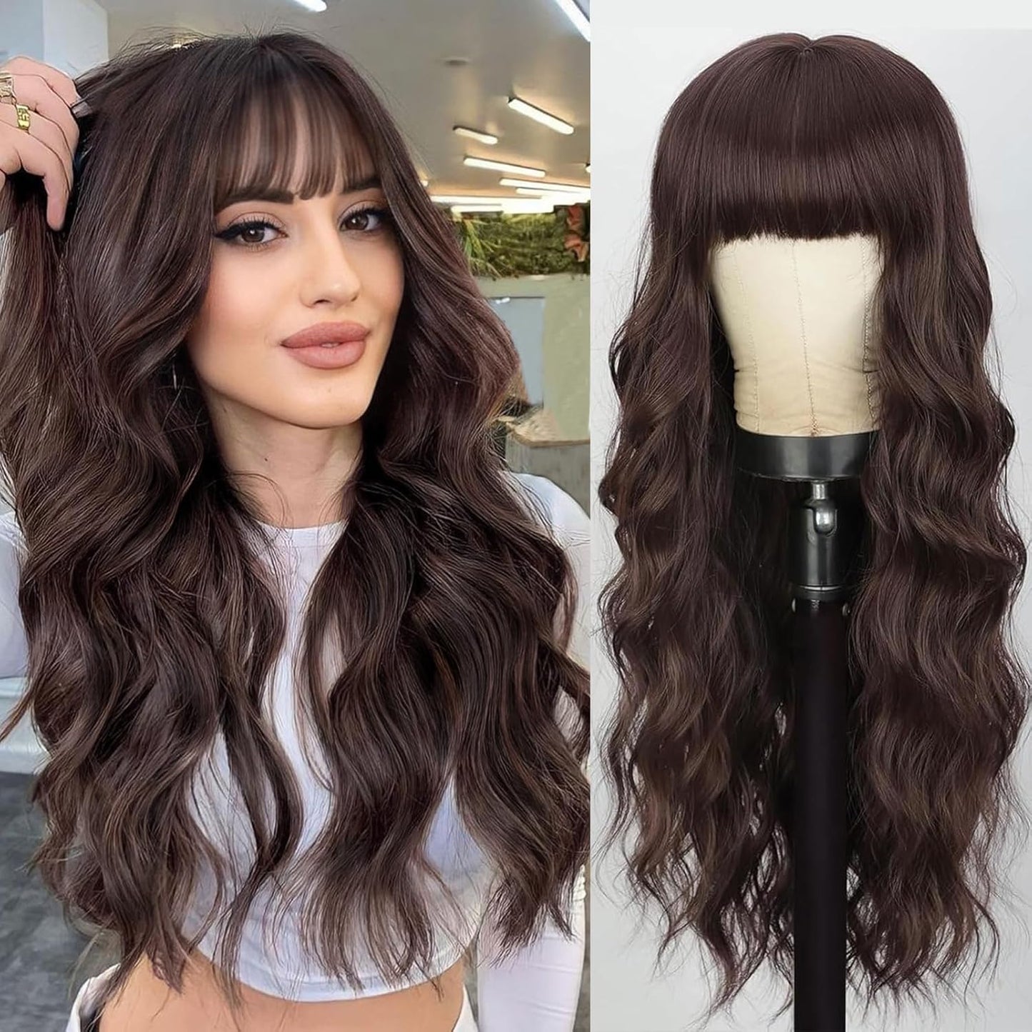 26"Blonde Wig with Bangs Long Wavy Curly Ombre Wig with Dark Root Synthetic Heat Resistant Wigs 