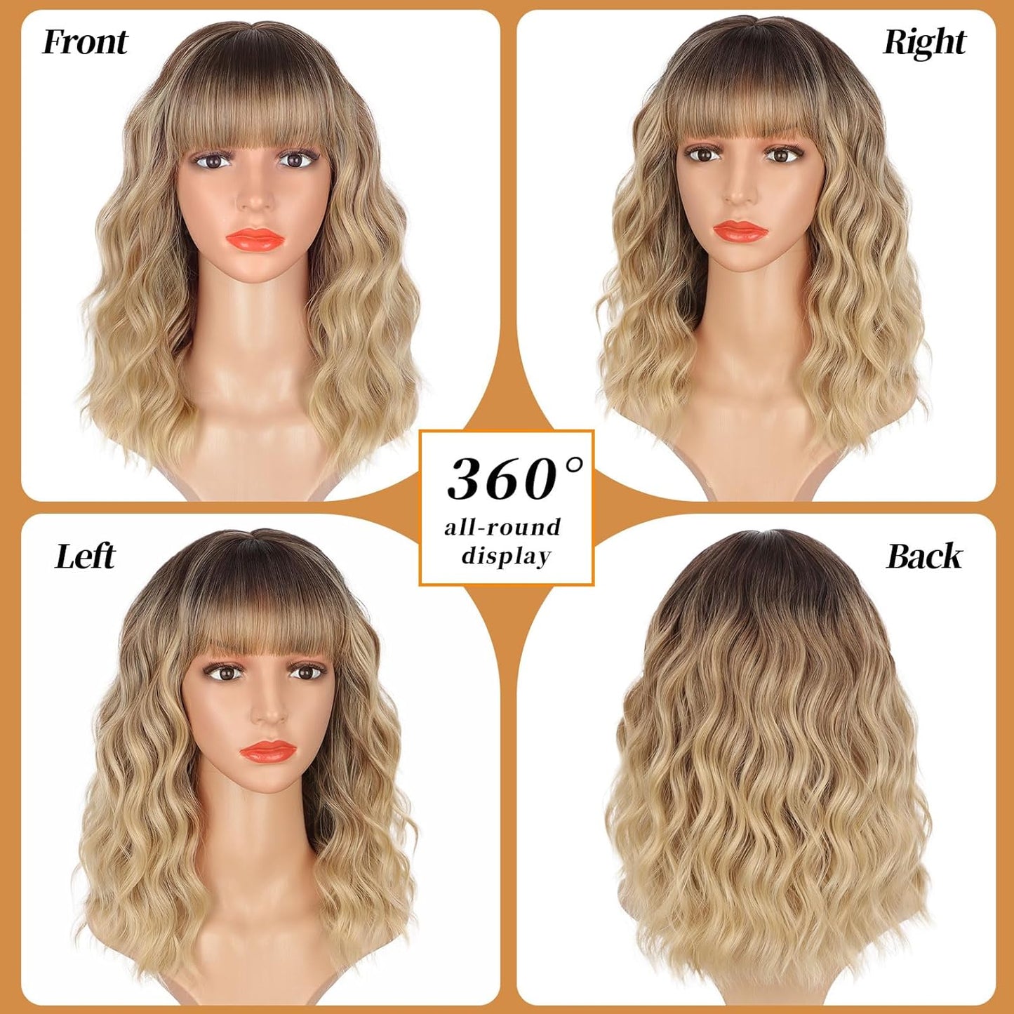 14" Blonde Wig with Bangs Short Wavy Curly Ombre Wig with Dark Roots-Synthetic Heat Resistant 