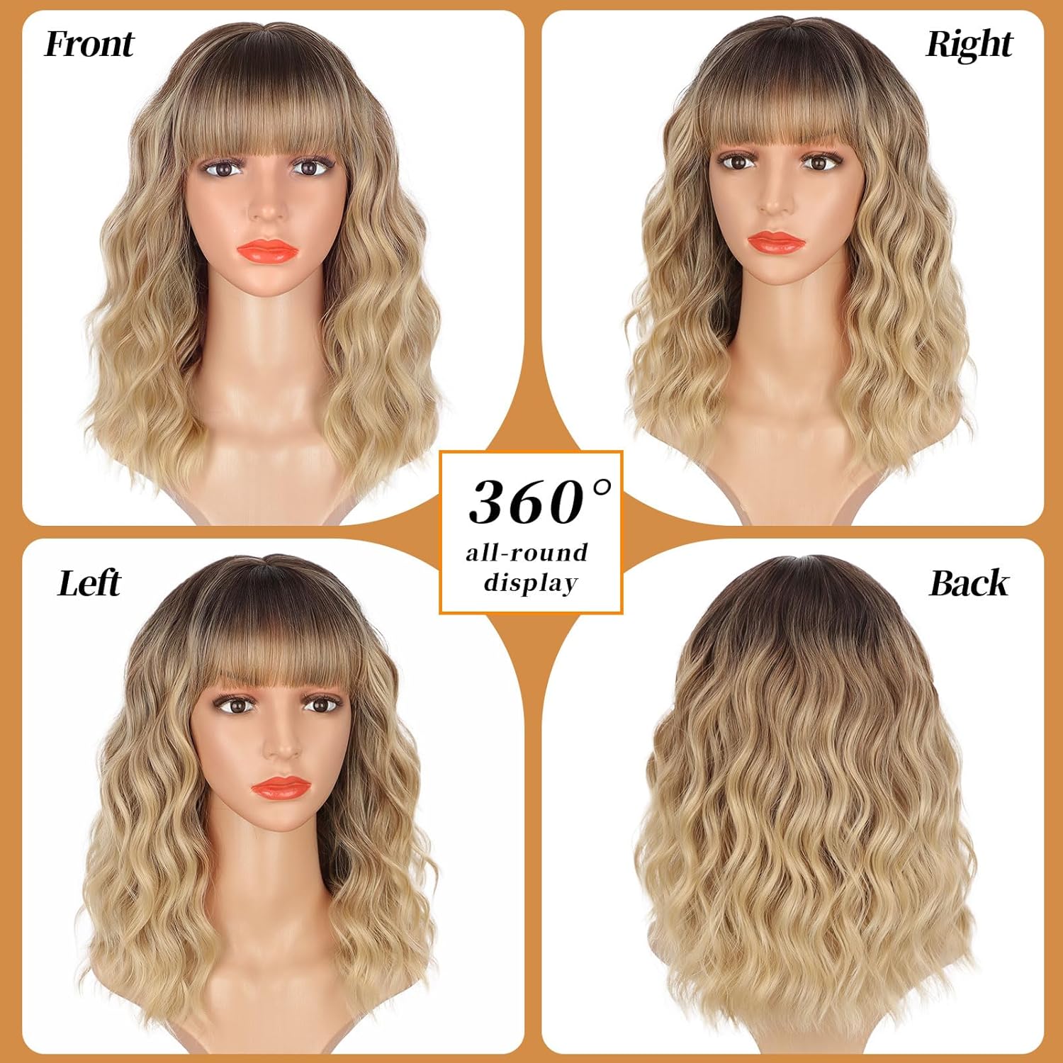 14" Blonde Wig with Bangs Short Wavy Curly Ombre Wig with Dark Roots-Synthetic Heat Resistant 