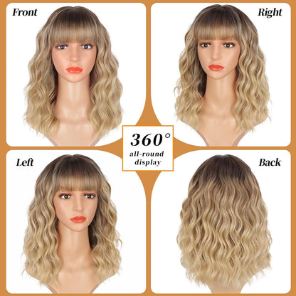 14" Blonde Wig with Bangs Short Wavy Curly Ombre Wig with Dark Roots-Synthetic Heat Resistant 