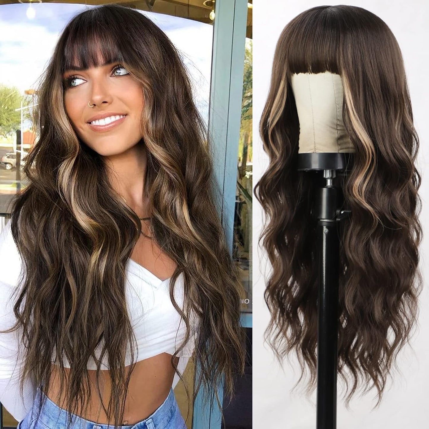 26"Blonde Wig with Bangs Long Wavy Curly Ombre Wig with Dark Root Synthetic Heat Resistant Wigs 