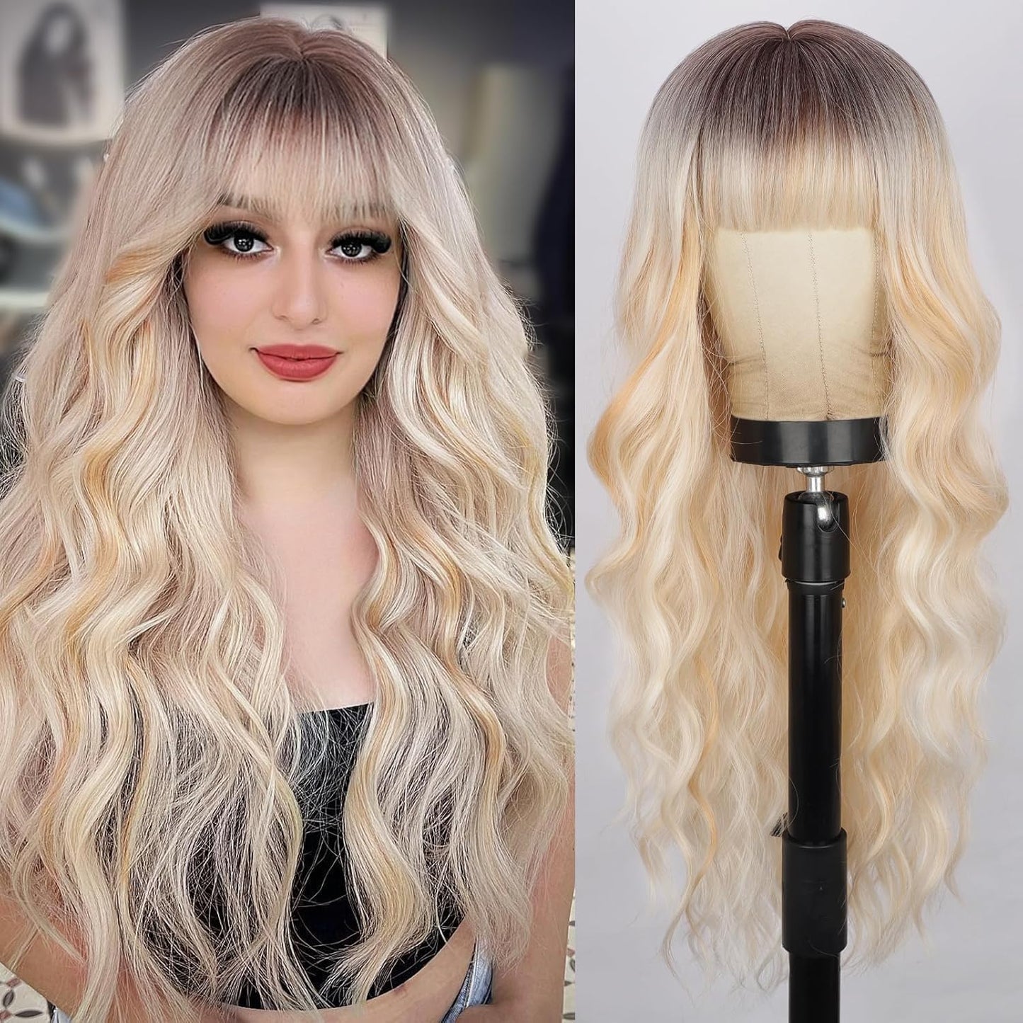 26"Blonde Wig with Bangs Long Wavy Curly Ombre Wig with Dark Root Synthetic Heat Resistant Wigs 