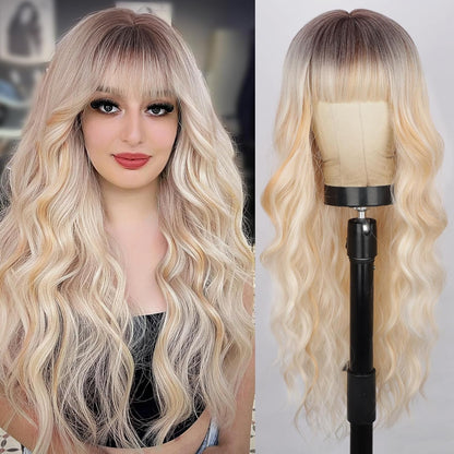 26"Blonde Wig with Bangs Long Wavy Curly Ombre Wig with Dark Root Synthetic Heat Resistant Wigs 