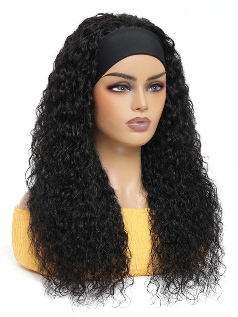 Headband Curly Human Hair Wig 1B 20Inch 130% Density