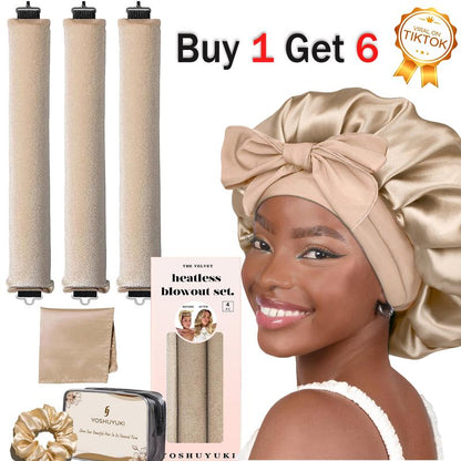 Velvet Heatless Curling Set – 4-Piece Flexi Rod Kit with Silk Nightcap (Unisex)