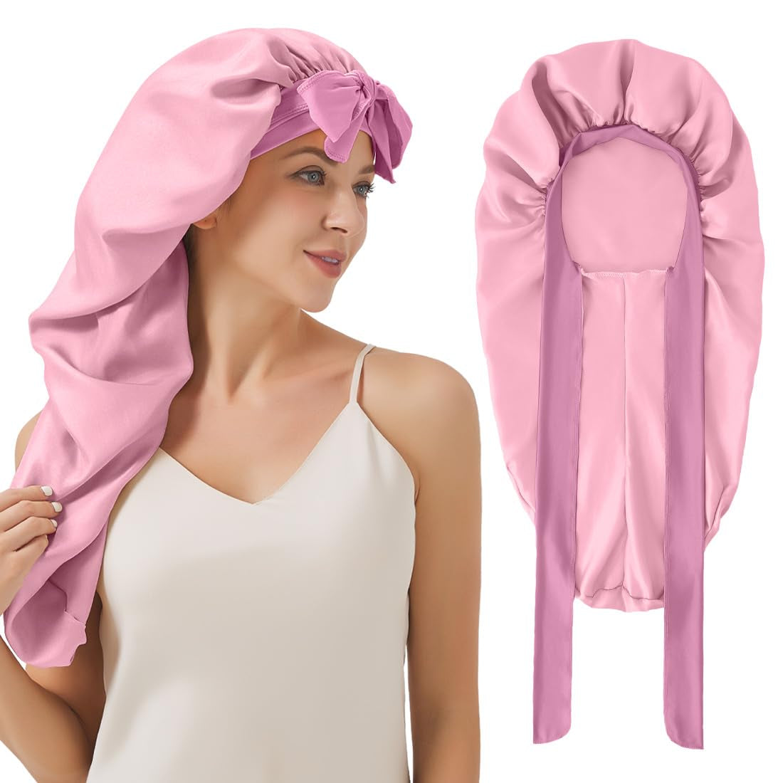 Long Satin Bonnet for Sleeping, Satin Lined Braid Bonnet with Elastic Band, Adjustable Long Strap Bonnets for Women Braids Dreadlock Curly Hair(Black)