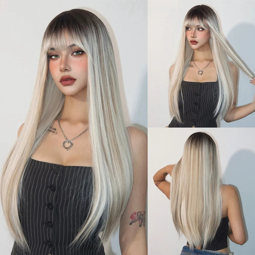 Chestnut Brown Synthetic Wig with Bangs Long Straight Wig Natural Layered Hair Smooth Soft Daily Wig Heat Resistant