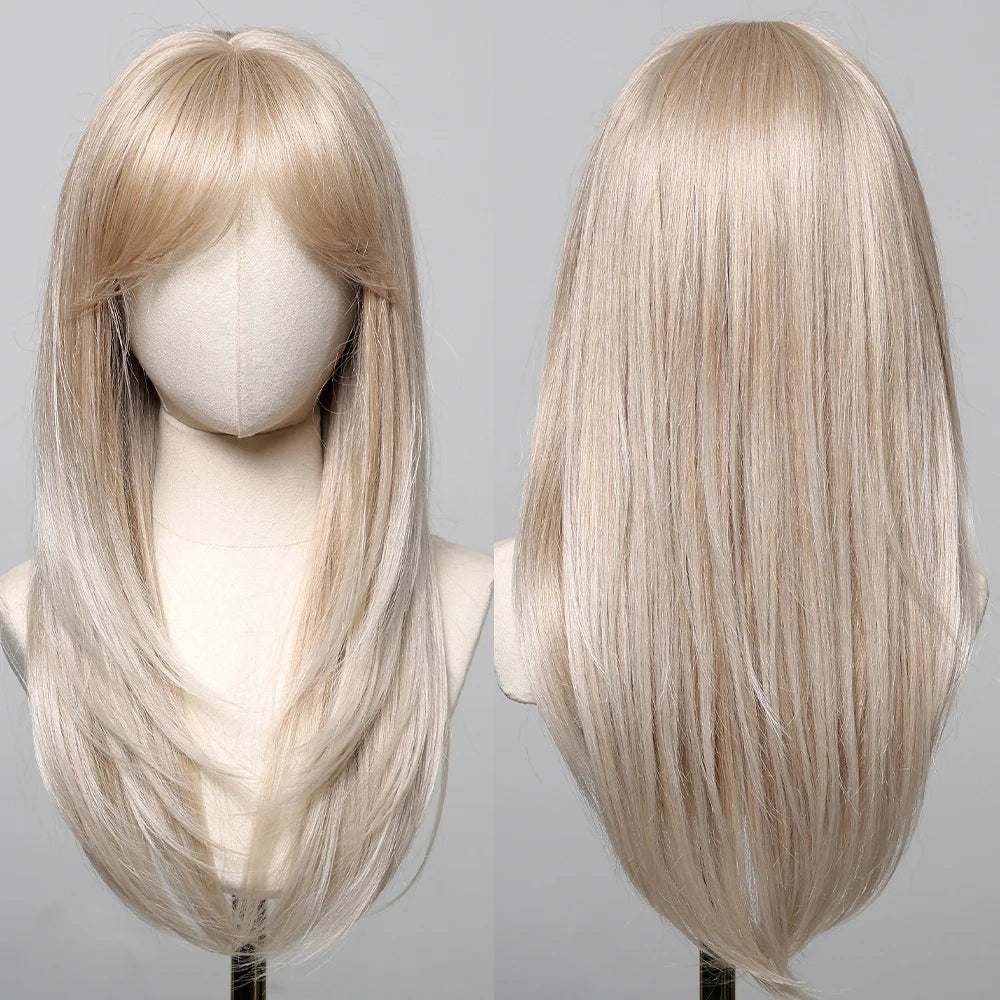 Chestnut Brown Synthetic Wig with Bangs Long Straight Wig Natural Layered Hair Smooth Soft Daily Wig Heat Resistant