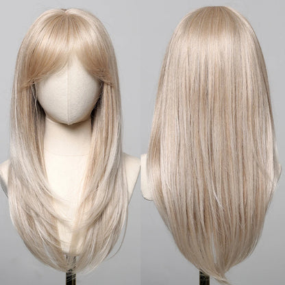 Chestnut Brown Synthetic Wig with Bangs Long Straight Wig Natural Layered Hair Smooth Soft Daily Wig Heat Resistant