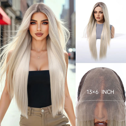 13*6 Lace Front Synthetic Wigs for Women 30 Inch Long Straight Blonde Platinum Wigs Natural Hairline Free Part Fiber