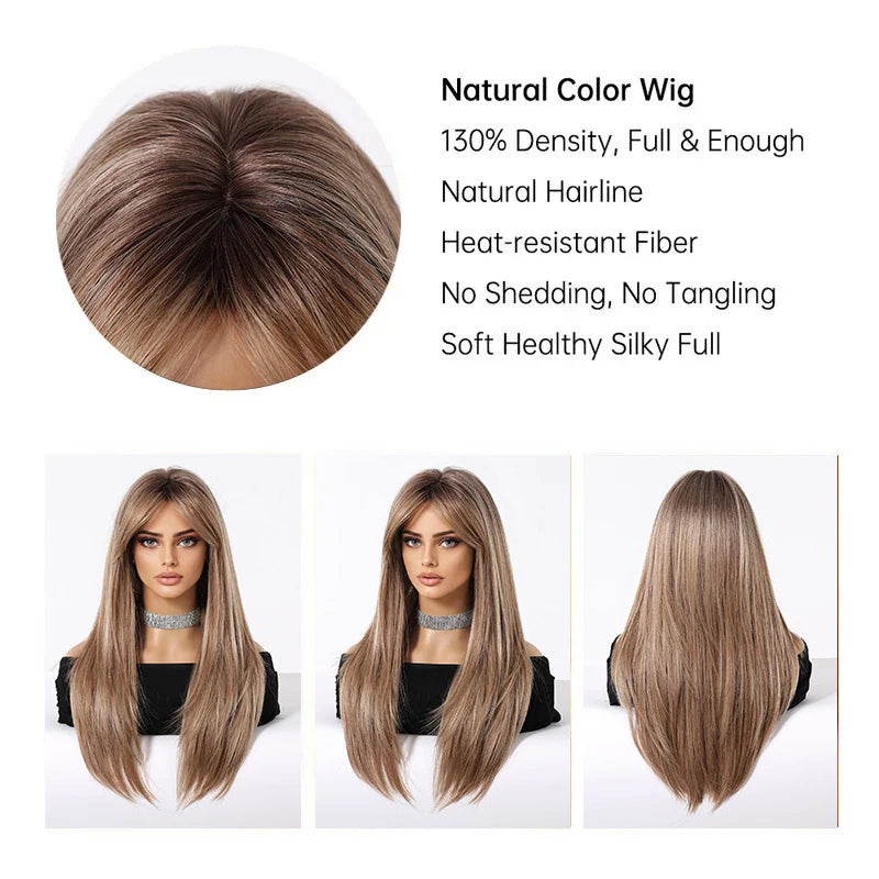Chestnut Brown Synthetic Wig with Bangs Long Straight Wig Natural Layered Hair Smooth Soft Daily Wig Heat Resistant