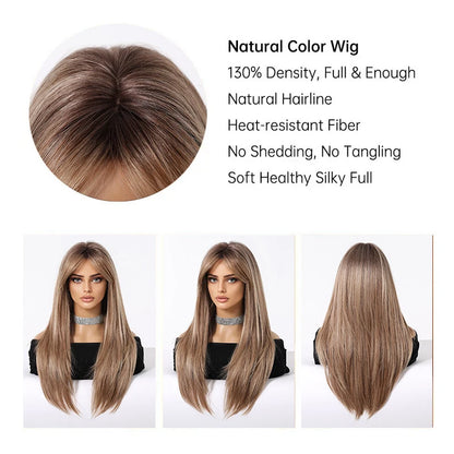 Chestnut Brown Synthetic Wig with Bangs Long Straight Wig Natural Layered Hair Smooth Soft Daily Wig Heat Resistant