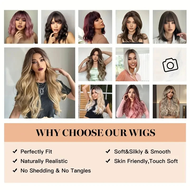 Elegant Curly Wave Ash Blonde Wig Synthetic Hair with Bangs Long Women Party Cospaly Wig 100% Tang Long Heat Resistant Fiber