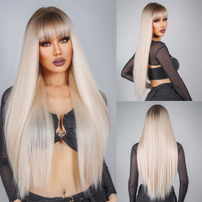 Chestnut Brown Synthetic Wig with Bangs Long Straight Wig Natural Layered Hair Smooth Soft Daily Wig Heat Resistant