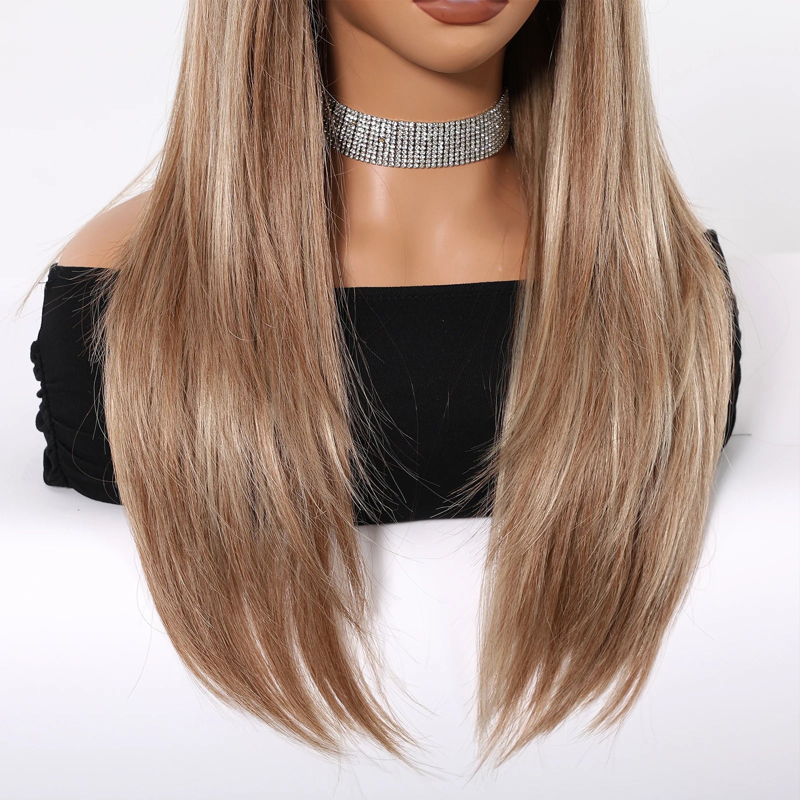 Chestnut Brown Synthetic Wig with Bangs Long Straight Wig Natural Layered Hair Smooth Soft Daily Wig Heat Resistant