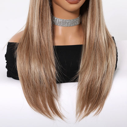 Chestnut Brown Synthetic Wig with Bangs Long Straight Wig Natural Layered Hair Smooth Soft Daily Wig Heat Resistant