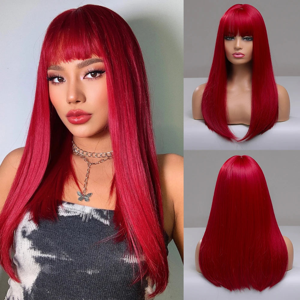 Chestnut Brown Synthetic Wig with Bangs Long Straight Wig Natural Layered Hair Smooth Soft Daily Wig Heat Resistant