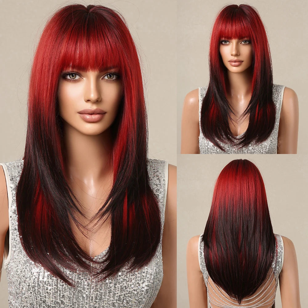 Chestnut Brown Synthetic Wig with Bangs Long Straight Wig Natural Layered Hair Smooth Soft Daily Wig Heat Resistant