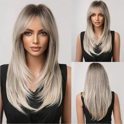 Chestnut Brown Synthetic Wig with Bangs Long Straight Wig Natural Layered Hair Smooth Soft Daily Wig Heat Resistant