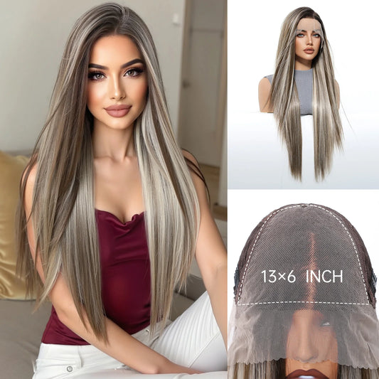 13*6 Lace Front Synthetic Wigs for Women 30 Inch Long Straight Blonde Platinum Wigs Natural Hairline Free Part Fiber