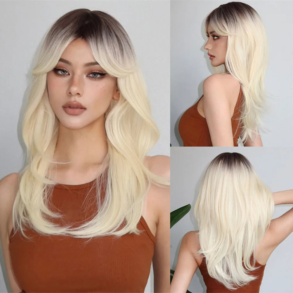 Chestnut Brown Synthetic Wig with Bangs Long Straight Wig Natural Layered Hair Smooth Soft Daily Wig Heat Resistant