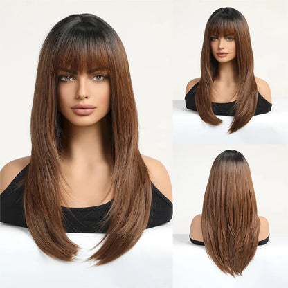 Chestnut Brown Synthetic Wig with Bangs Long Straight Wig Natural Layered Hair Smooth Soft Daily Wig Heat Resistant