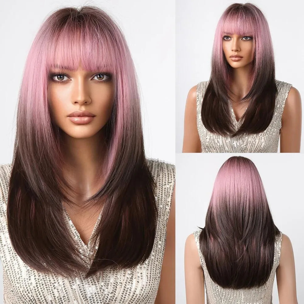 Chestnut Brown Synthetic Wig with Bangs Long Straight Wig Natural Layered Hair Smooth Soft Daily Wig Heat Resistant