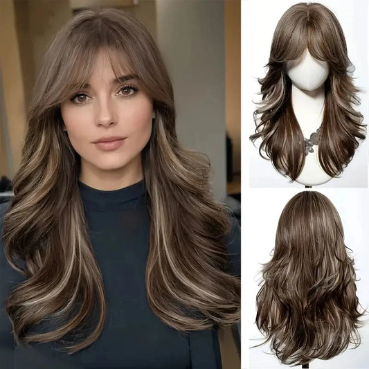 Elegant Curly Wave Ash Blonde Wig Synthetic Hair with Bangs Long Women Party Cospaly Wig 100% Tang Long Heat Resistant Fiber