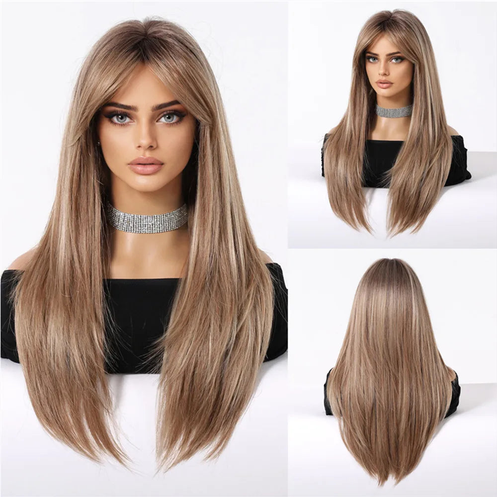 Chestnut Brown Synthetic Wig with Bangs Long Straight Wig Natural Layered Hair Smooth Soft Daily Wig Heat Resistant