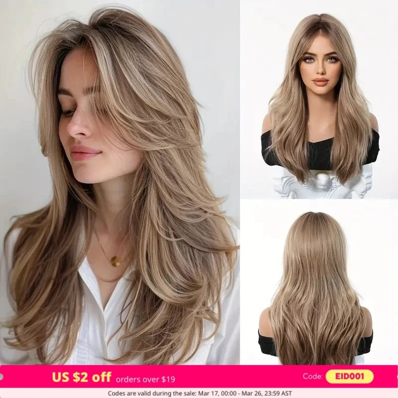 Elegant Curly Wave Ash Blonde Wig Synthetic Hair with Bangs Long Women Party Cospaly Wig 100% Tang Long Heat Resistant Fiber