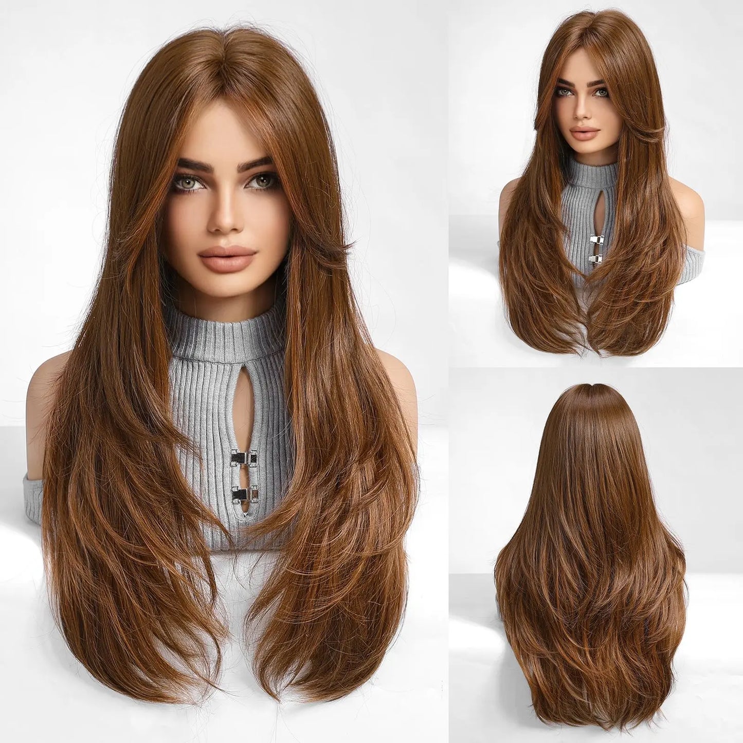 Chestnut Brown Synthetic Wig with Bangs Long Straight Wig Natural Layered Hair Smooth Soft Daily Wig Heat Resistant