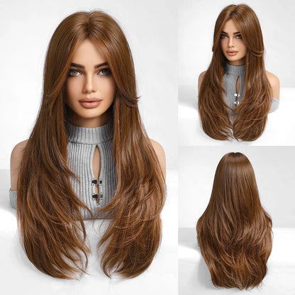 Chestnut Brown Synthetic Wig with Bangs Long Straight Wig Natural Layered Hair Smooth Soft Daily Wig Heat Resistant